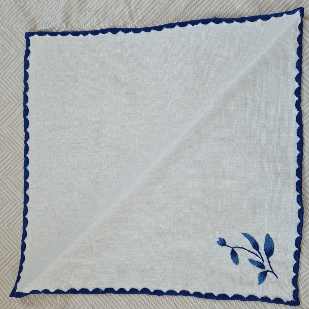 Vintage White and Blue Floral Embroidered Napkins Set of 6
